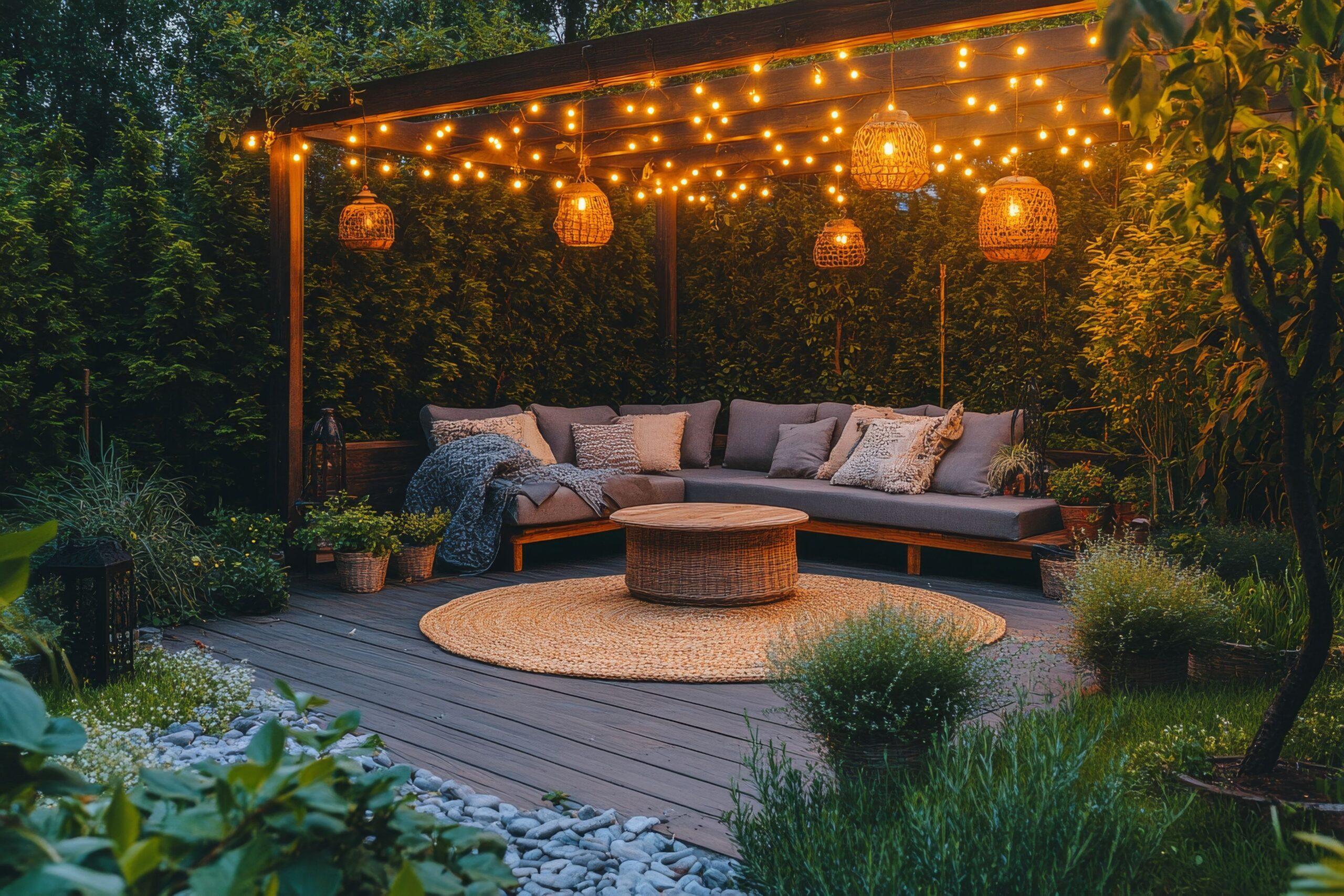 Stilvolle Sitzecke im Garten unter Pergola mit Lichterketten und Lounge-Möbeln