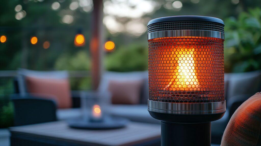 Moderner Terrassenheizer Gas auf einer stilvollen Terrasse mit Sitzgruppe bei Sonnenuntergang