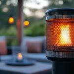 Moderner Terrassenheizer Gas auf einer stilvollen Terrasse mit Sitzgruppe bei Sonnenuntergang