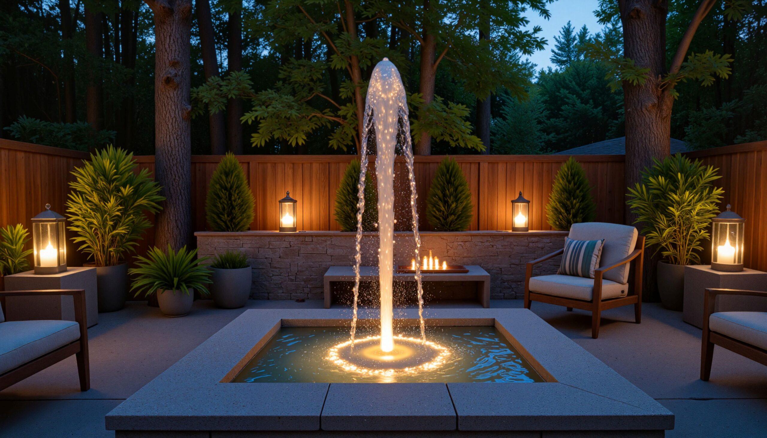 Modern beleuchteter Springbrunnen im Garten mit stilvollem Sitzbereich