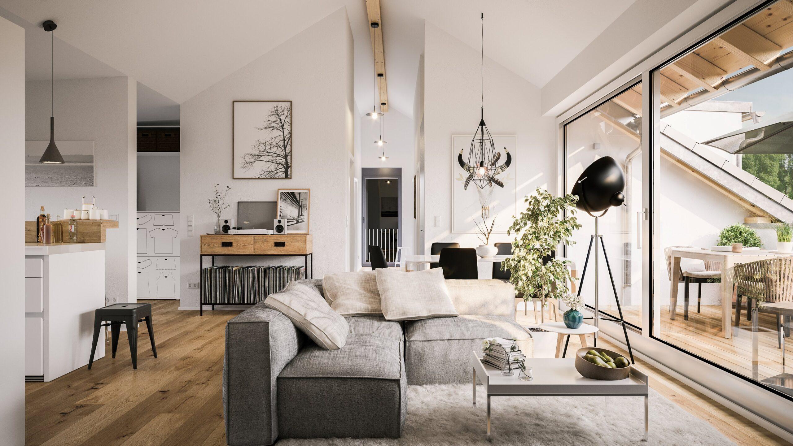 Ecksofa 2: ein sehr schön eingerichtetes, modernes Wohnzimmer mit großen Fenstern